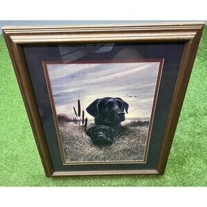 BLACK LAB DOG PICTURE  PUPPY DUCK HUNTING RUANE MANNING MATTED FRAMED 22.5x18.25